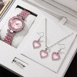 Wristwatches Women's Luxury Watch Red Necklace Earring Rhinestone Fashion Wristwatch Casual Ladies Watches Jewellery Set Relogio Feminino