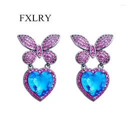 Dangle Earrings FXLRY Creative Design Fuchsia Red Cubic Zircon Butterfly Light Blue Love Heart Drop For Women Party Jewelry