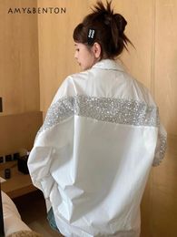 Women's Blouses High-End Chic White Sequined Blouse Women 2024 Spring Fashion Slim Long-Sleeved Camisas Office Lady Casual Oversized Shirt