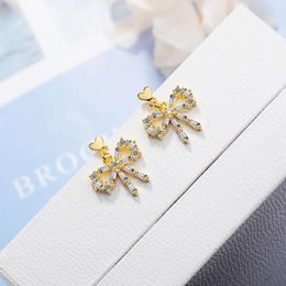 Stud Earrings Real 925 Sterling Silver Cute Elegant Bowknot Shiny CZ For Women Girls Fine Jewellery Valentine's Day Gift