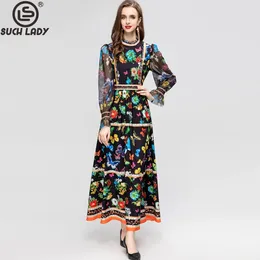 Casual Dresses Women's Runway Dress O Neck Long Sleeves Sequined Printed Tiered Elegant Fashion Designer Maxi Vestidos