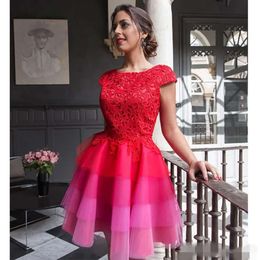 Homecoming Capped Red Sleeves Cute Lace Short Dresses Fuchsia Tulle Scoop Neck Two Tone Tiered Skirt Tail Party Gown Custom Made