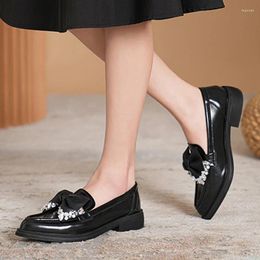 Casual Shoes Delicate Rhinestone Bowknot Loafers Women Pointed Toe Small Leather Ladies Thick Heels Oxfords Girls Derby Flats Sneakers