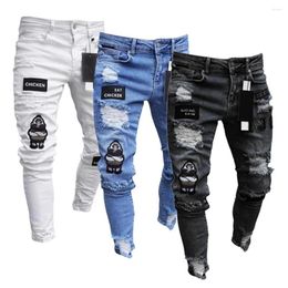 Men's Jeans White Embroidery Skinny Ripped Men Cotton Stretchy Hole Slim Fit Hip Hop Denim Pants Casual For Jogging Trousers