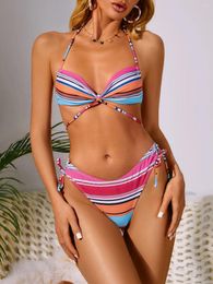 Women's Swimwear ZAFUL Halter Cinched Stripes Multiway Cheeky Bikini