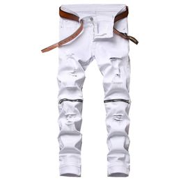 Mens White Straight Leg Jeans knee zipper Design Distressed Ripped Holes High Stretch Denim Pants 2156