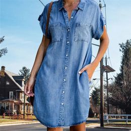 Women Denim Shirt Dresses Short Sleeve Distressed Jean Dress Button Down Casual Tunic Top 240425
