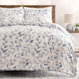 Premium Layered Leaf Queen Comforter Set - Soft Blue Botanical Reversible Bedding - 3-Piece Set with Comforter and Pillow Shams - Queen Size