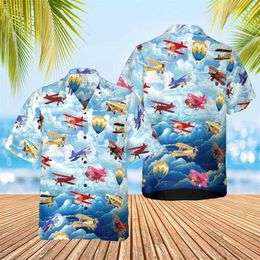 Men's Casual Shirts Vintage Aeroplane 3D Print Shirts For Men Clothes Cartoon Hot Air Balloon Graphic Blouses Harajuku Fashion Short Slve Boy Tops Y240506