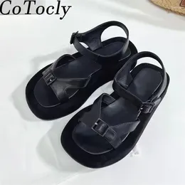 Sandals Thick Sole Women Black White Casual Beach Shoes Female Genuine Leather Buckle Strap Summer Flat Sandalias Woman