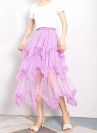 Skirts Fashion Women High Elastic Layered Tulle Midi Skirts Fairycore Frill Trim Ruffle Flare Mesh Tutu Skirt