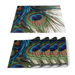 Pads 4/6pcs Set Table Mats Peacock Feather Art Printed Cotton Linen Table Napkin Kitchen Accessories Home Party Decorative Placemats