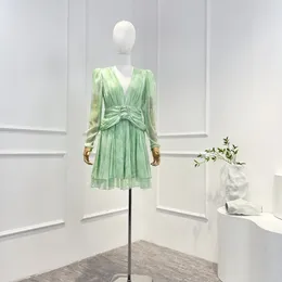 Casual Dresses 2024 Spring Summer High Quality Deep-v Green Silk Ruffle Crystals Gathered Waistband Layered Elegant Women Mini Dress