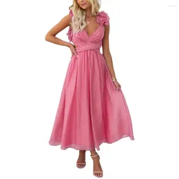 Casual Dresses Pleated Dress Elegant Lace-up Maxi With Ruffle Cross Back Design Women's Ankle Length Prom Party Evening Gown