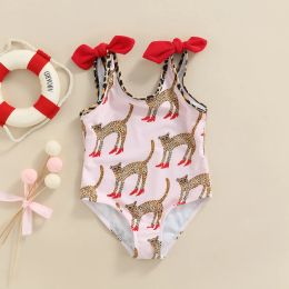 Swimwear 26Y Baby Girls Bikini Kids Swimwear Sleeveless Animal Print Bowknot Swimsuits Children Beachwear Toddler Bathing Suits