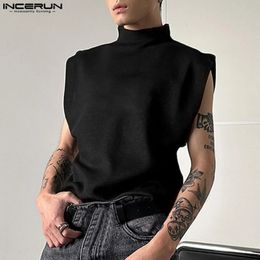 INCERUN Men Tank Tops 2023 Turtleneck Sleeveless Loose Fashion Clothing Streetwear Solid Korean Style Casual Vests S5XL 240416