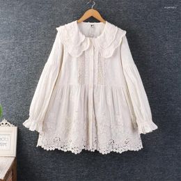 Women's Blouses Spring Sweet Double-layer Collar Solid Embroidered Hem Shirt Women Long Sleeve Single Breasted HT2607