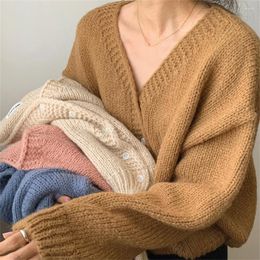 Women's Knits Solid Cropped Cardigans Women All-match Autumn Simple Fashion Sweet Vintage Young Girls Temperament Loose Korean Womens