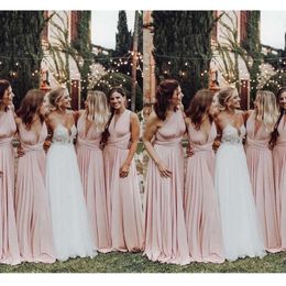 Dresses Bridesmaid Light Convertible Pink One Shoulder V Neck Straps Pleats A Line Floor Length Maid Of Honor Gown Country Wedding Wear