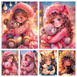 Stitch Cartoon DIY 5d Diamond Painting Cute Girl Holding Little Bear Doll Embroidery Mosaic Cross Stitch Kits Home Decor Birthday Gifts