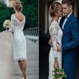 Wedding Lace Dresses Knee Mermaid Length Bridal Gown 3/4 Long Sleeves Scalloped Neck Country Vestidos De Novia Custom Made Plus Size Covered Buttons Back