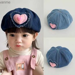 Caps Hats Fashionable denim baby hat solid color love girl warm beret vintage beret childrens autumn and winter childrens artist painter hat 3-8Y WX