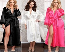 Women Ladies Sexy Long Silk Kimono Dressing Gown Bath Robe Nightgowns Sleepshirts Nightdress Cotton Black White Rose1903307