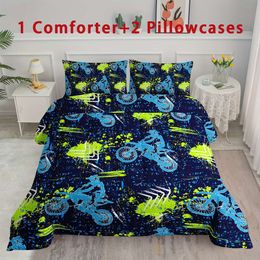 Duvet Cover 3pcs Extreme Sports Motocross Rider Set, Soft Twin/Full/Queen Bed Set With 1 Comforter & 2 Pillowcases - Blue Green Festive Decor For Men