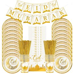 Eid Mubarak Disposable Tableware Gold Plate Cup Banner Gift Bags Islamic Muslim Party Supplies Ramadan Kareem Decorations 240506