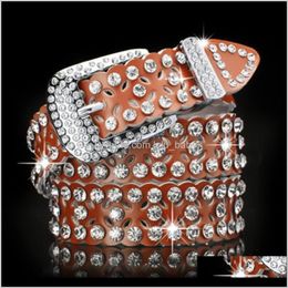 Tan Brown Coloured Hollow Genuine Leather Belt For Female Women With Diamonds Zircon Fashion Luxury Designer Fmc7T Belts 5B2Hp 235M