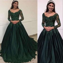 무도 2021 어두운 드레스 녹색 긴 소매 구슬 레이스 아플리크 라인 튤 스위프 트레인 커스텀 이브닝 가운 공식 OCN웨어