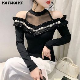 Women's T Shirts High Quality Fashion Women Chic Ruffled Beading T-shirts Tees Clothes Spring Girls Sexy Off Shoulder Long Sleeve Tops
