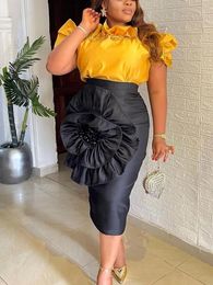 Work Dresses Classy Women Two Pieces Set Yellow Ruffle Applique Short Top High Waist Pencil Big Flower Skirt Formal Evening Celebrate Suits