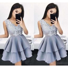 Skirt 2019 Tiered Dresses Grey Newest Homecoming Lace Applique V Neck Sleeveless Short Tail Party Gown Juniors Formal Occsaion Wear