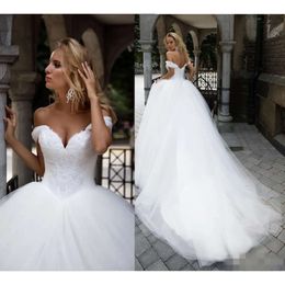 Dresses Gown Beaded Ball Crystal Off The Shoulder Cap Sleeves Tulle Custom Made Wedding Dress Vestido De Novia