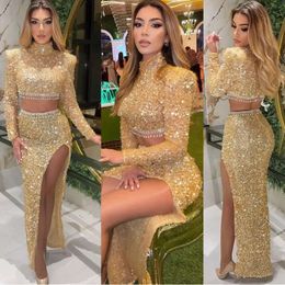 Vestidos de ouro PROM lantejoulas brilhantes pescoço alto Duas peças divididas laterais personalizadas compridas de noite vestidos de festa de noite