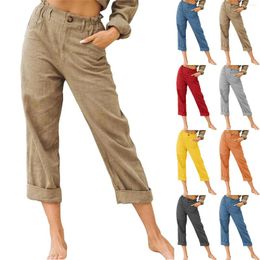 Women's Pants Women 3 XL Plus Size Casual With Pockets High Waist Elastic Loose Fit Trousers Summer Solid Colour Rolled Up Long