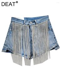 Women's Jeans Denim Shorts High Waist Diamonds Chains Tassel Washed Wide Leg Super Short Pants 2024 Summer Fashion 29L7349