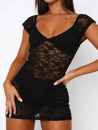 Party Dresses Fashion Women Wrapped Dress Cap Sleeves V Neck Floral See Through Lace Casual Spring Summer S M L