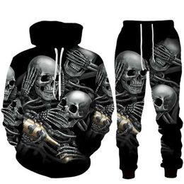 Men's Tracksuits Autumn Winter Hoodies Long Pants Sets Skull 3D Printed Men Tracksuits Casual Sweashirt Pullover 2 Piece Set Fashion Man Outfits T240505