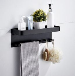Bathroom Shelf Aluminium Black Corner Shelf Square Bath Shower Shelf Wall Mounted Storage Organiser Rack with Hooks and Towel Bar5691755