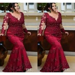 Plus Evening Red Dark Size Dresses Mermaid Lace Applique Scoop Neck Long Sleeves Custom Made Tulle Beaded Floor Length Prom Party Gown Designer