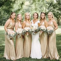 Sequins Bridesmaid Dresses Sleeveless Gold V Neck A Line Spaghetti Straps Custom Made Floor Length Plus Size Maid Of Honor Gown Country Wedding Wear