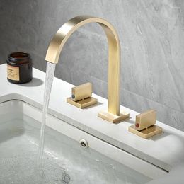 Bathroom Sink Faucets Three Hole Basin Faucet Brushed Gold Split Type Double Handle Cold And Table Bottom W