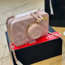 Lambskin Quilted Camera Zipper Makeup Vanity Box Bags Mirror Classic Mini Zipper Purse Black White Pink Gold Metal Hardware Matelasse Chain Crossbody Pocket 16cm