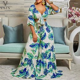 Women's Two Piece Pants VAZN 2024 African Style Women Suit Casual Holiday Long Sleeve Deep V Short Top Printed Lady 2 Set
