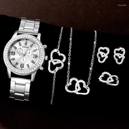 Wristwatches Women's Silvery Watch Ring Necklace Earrings Rhinestone Fashion Wristwatch Female Casual Ladies Watches Bracelet Set Clock