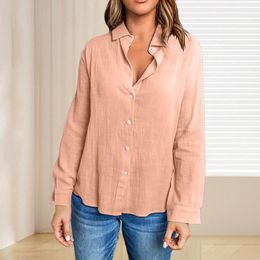 Women's Blouses Long Sleeve Button Up Slub Cotton Cardigan Shirt Loose Casual V Neck Top