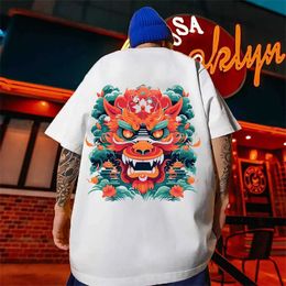 Men's T-Shirts New Mens Short Slve Tshirt Cotton Man Tide Brand National Chinese Style Dragon Pattern Summer Loose T-shirt for Men T240505