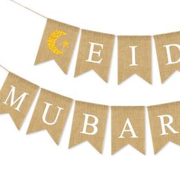 Banner Flags Eid Mubarak Banner 2023 Muslims Ramadan Mubarak Decorations Linen Hanging Flag With Ropes Islam Home Decors Party Supplies